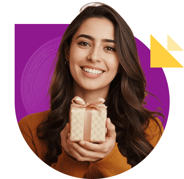 A Twincoin community member holding a redeemed gift